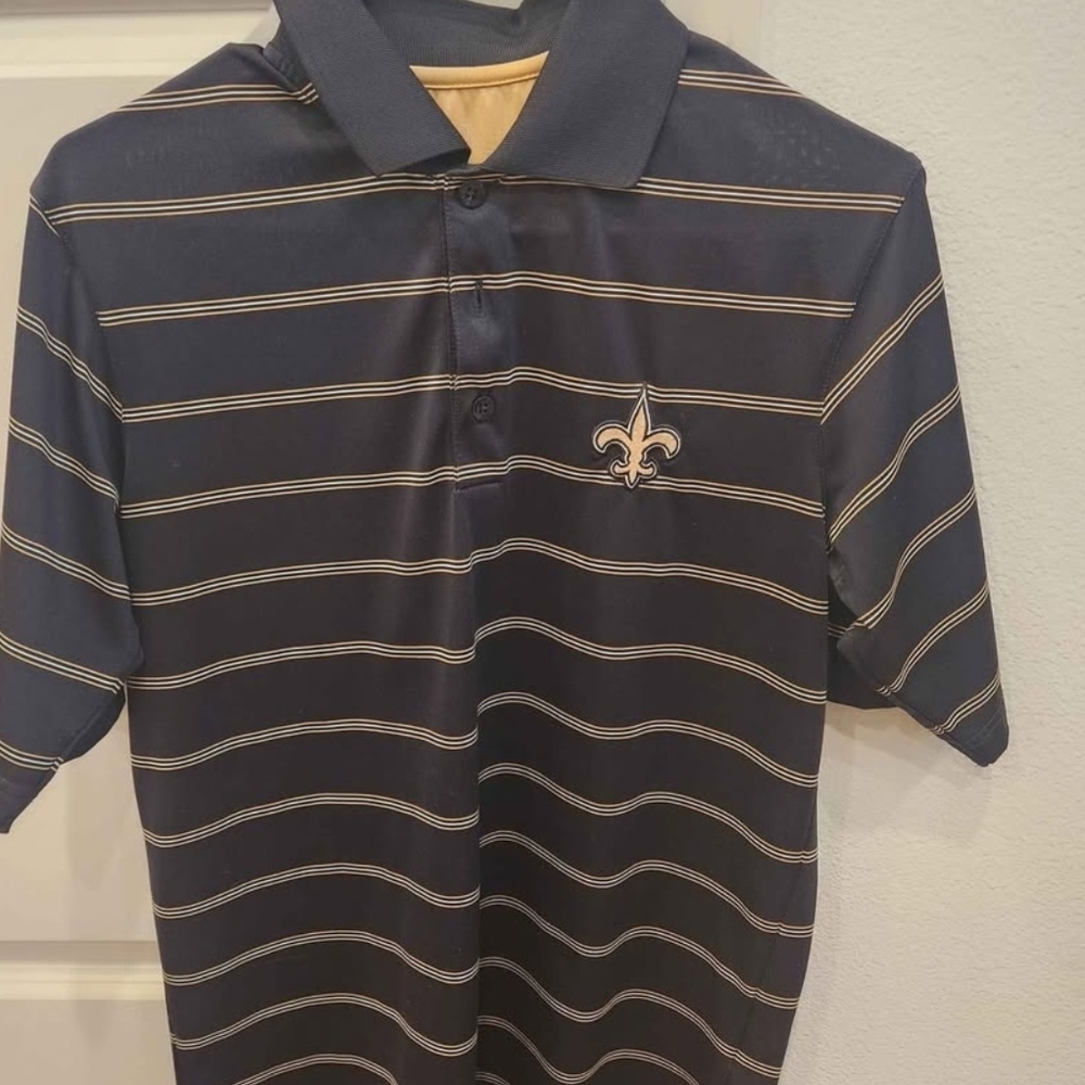 New Orleans Saints Antigua Black and Gold Striped Polo Shirt